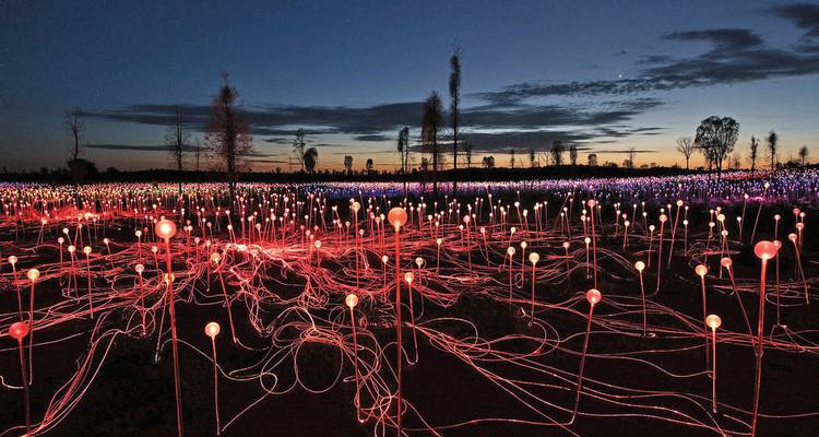 Champ d'installation lumineuse au crépuscule avec poteaux éclairés.