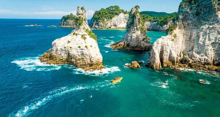 Scenic coastal view with rugged cliffs and ocean.