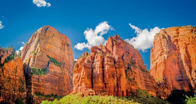 Les falaises massives de grès rouge du parc national de Zion sous un ciel bleu.