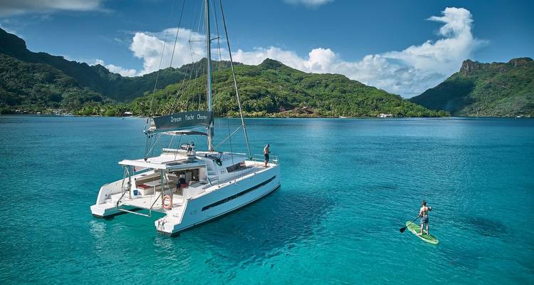 A sailboat and a person on a paddleboard in a beautiful bay.