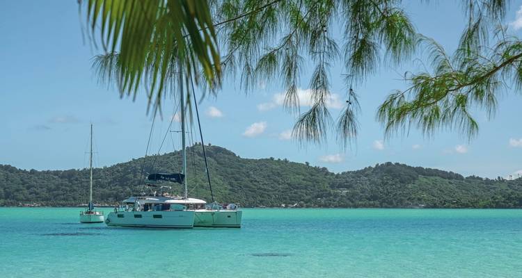 View of boats on crystal clear water near a forested island.