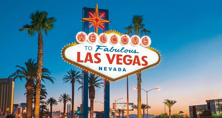 Iconic welcome sign of Las Vegas during twilight.