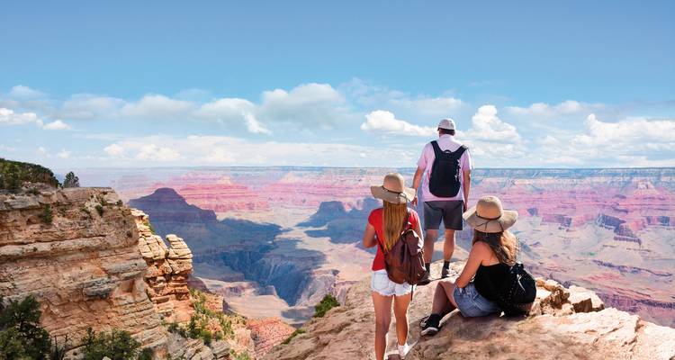 Tourists enjoying the view of a vast canyon landscape.