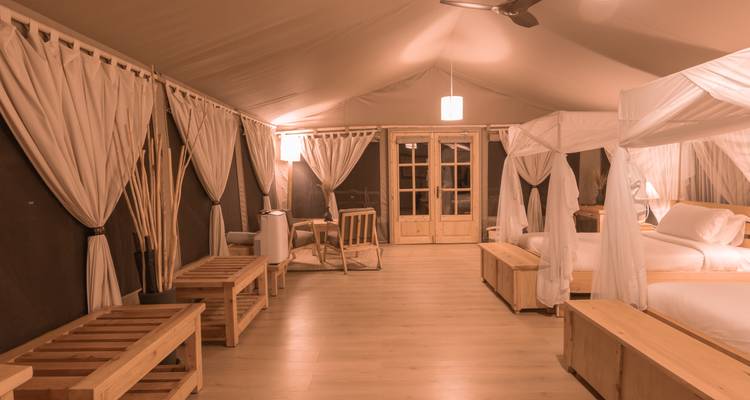 Innenraum eines Luxuszeltes mit Holzmöbeln und Himmelbetten.