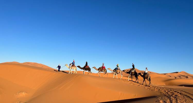 Caravan of travellers riding camels across towering golden dunes under deep blue sky