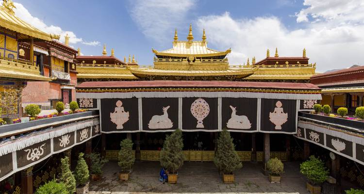 Edificio tibetano tradicional con elementos decorativos y plantas.