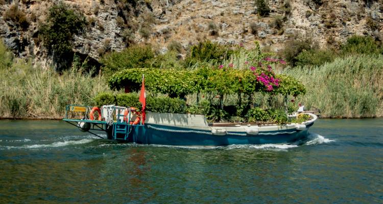 Bateau décoré sur une rivière avec de la verdure.