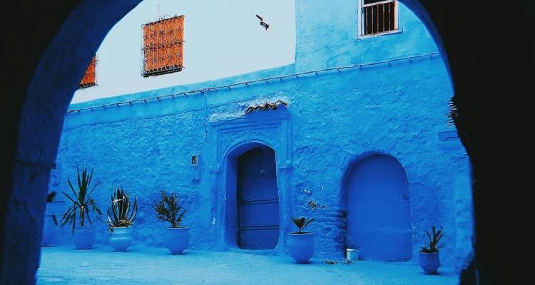 Cour vibrante bleue avec des pots traditionnels et des fenêtres.