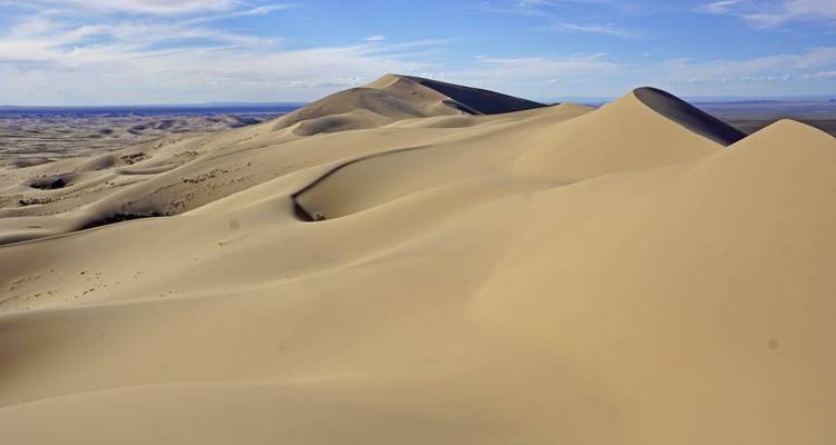 Expansive view of sand dunes under a clear blue sky.
