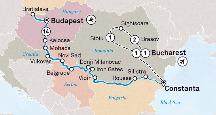 Mapa que muestra una ruta de viaje a través de varias ciudades.