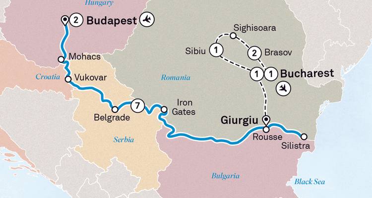 Mapa que muestra una ruta de viaje desde Budapest a través de Serbia y Rumania.