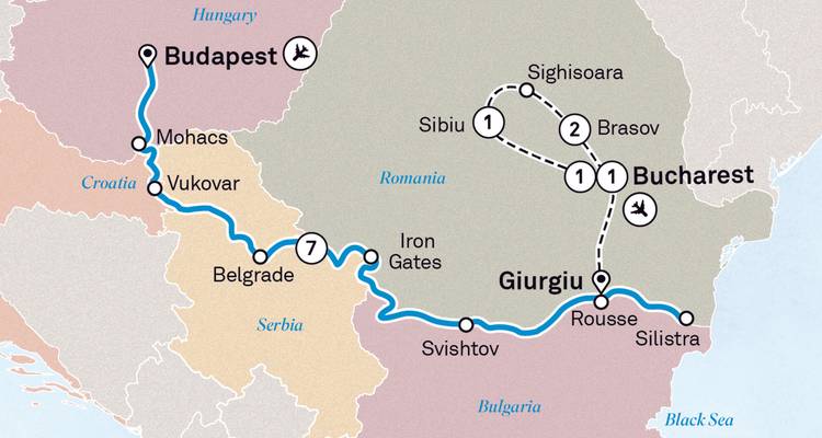 Carte mettant en évidence les itinéraires de voyage de Budapest, à travers la Croatie vers la Roumanie et la Bulgarie.