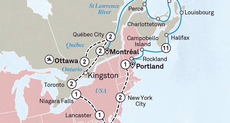 Travel route map of eastern Canada and northeastern USA.