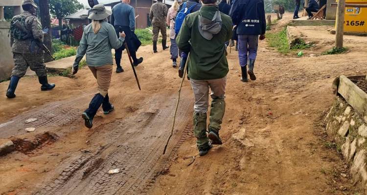 Mensen die langs een onverharde weg lopen in een landelijk gebied.