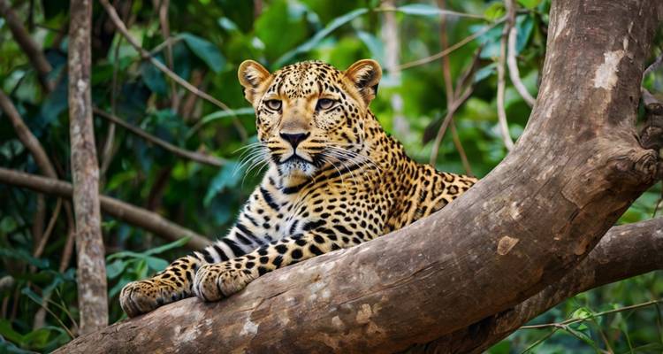 Luipaard rustend op een boomtak.