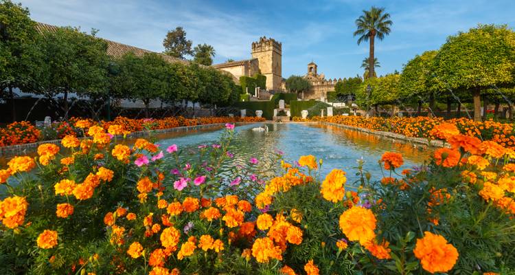 Los arriates de flores coloridas rodean una larga fuente reflectante en los jardines del Alcázar de Córdoba.
