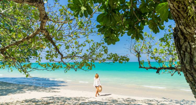 Frau, die an einem tropischen Strand mit klarem türkisfarbenem Wasser spaziert.