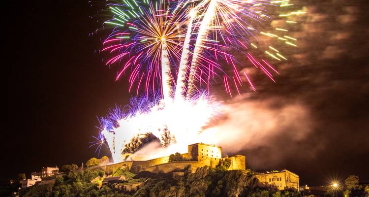 Feu d'artifice au-dessus d'un château la nuit.