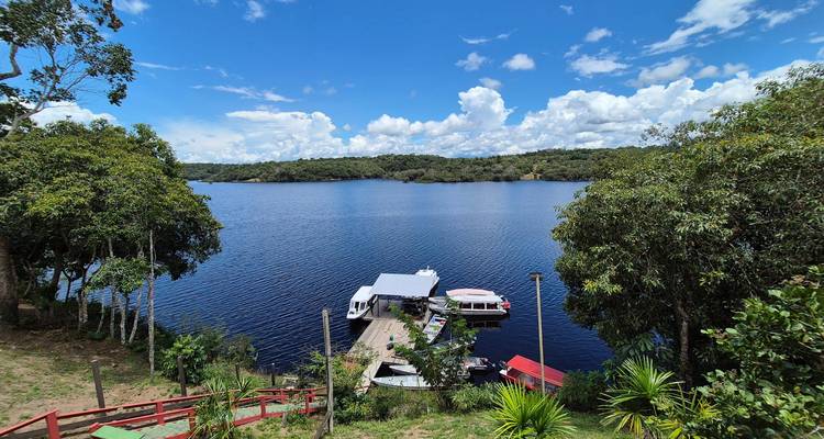 Dock with tour boats moored on a calm black-water lake surrounded by jungle.