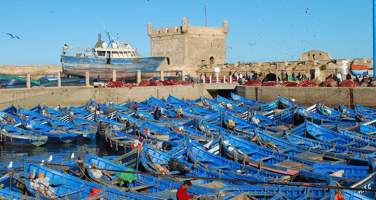 Fischerhafen voller blauer Boote und alte Festung.