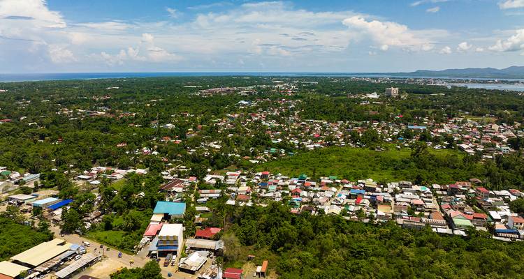 Aerial view of a coastal town with lush greenery and water.