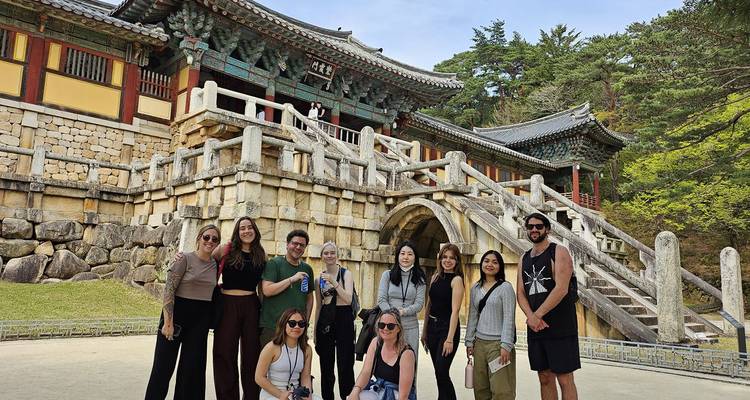 Tour group poses before the ornate stone stairway of Bulguksa Temple surrounded by pine trees.