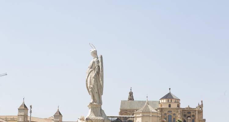 Estatua con un paisaje urbano de fondo.