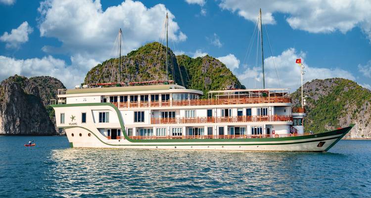 Großes Kreuzfahrtschiff auf dem Wasser mit schönen Naturlandschaften im Hintergrund.