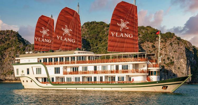 Kreuzfahrtschiff segelt mit großen roten Segeln und malerischer Landschaft im Hintergrund.