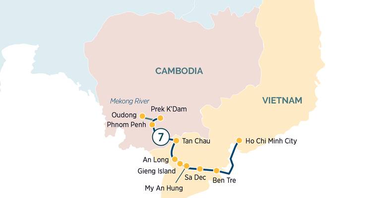 Kaart die reisroute in Zuidoost-Azië illustreert.