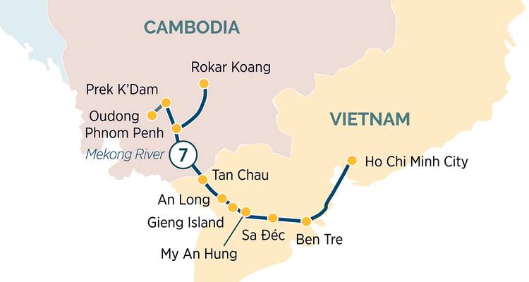 Kaart met details van een reisroute in Cambodja en Vietnam met locaties zoals Phnom Penh en Ho Chi Minh-stad.