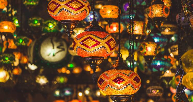 Colorful Turkish lanterns displayed in a market.