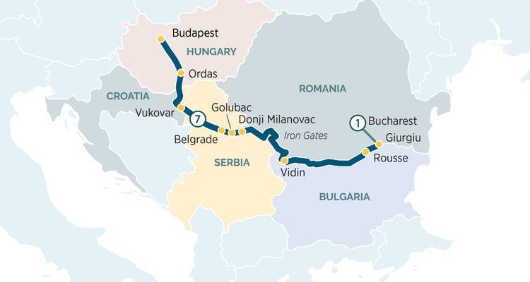 Carte schématique d'un voyage fluvial à travers l'Europe centrale et orientale