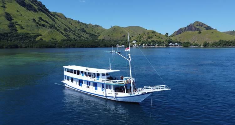 Bateau habitable en bois blanc naviguant sur une eau bleu profond avec les collines verdoyantes de Komodo en arrière-plan.