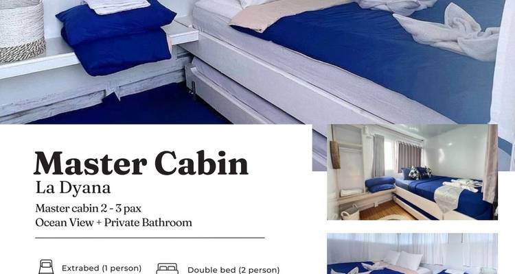 Collage marketing montrant des photos et une description textuelle de la cabine du commandant du navire avec literie bleue.