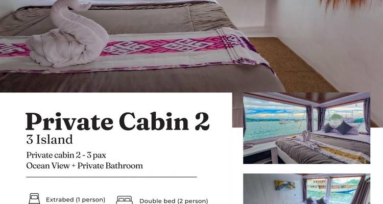 Mise en page promotionnelle présentant des photos et du texte pour une cabane privée avec couverture à motifs et vue sur la mer.