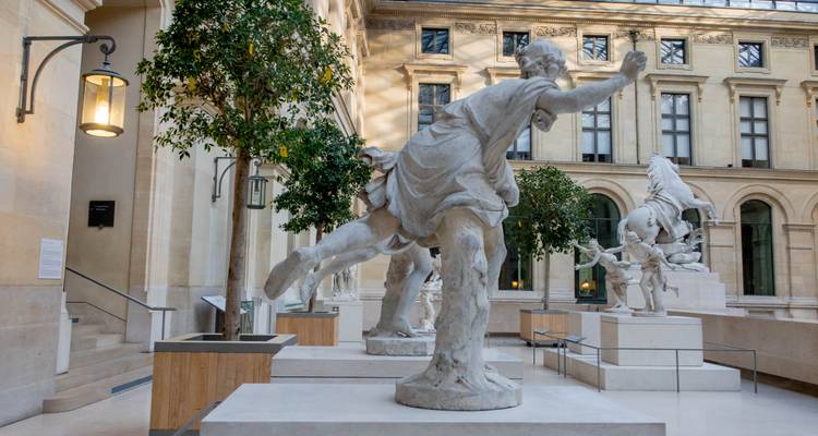 Statues au Louvre avec des plantes autour.