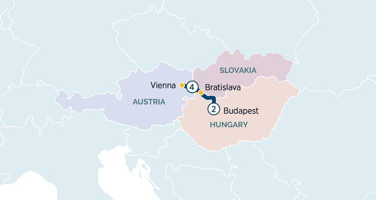 Mapa que muestra la ruta entre Viena, Bratislava y Budapest.