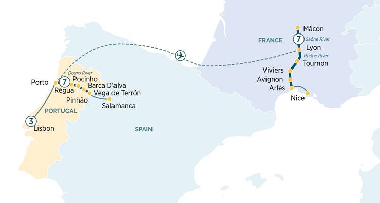 Karte mit detaillierter Reiseroute durch Portugal und Frankreich, einschließlich wichtiger Städte.