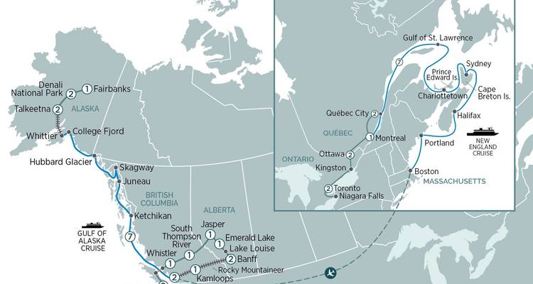 Carte montrant un itinéraire de croisière à travers le Canada et les États-Unis