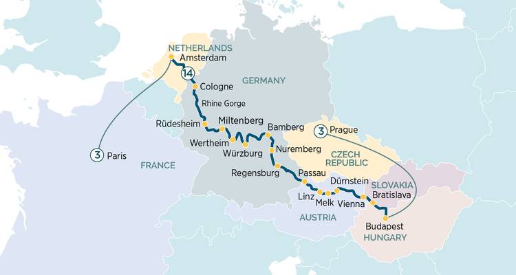 Kaart die een reisroute door verschillende Europese landen toont.