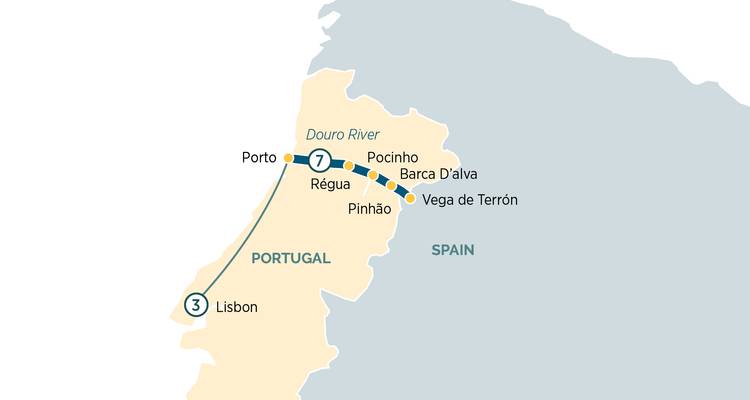 Carte illustrant un itinéraire de voyage à travers le Portugal et l'Espagne, incluant Porto et Lisbonne.