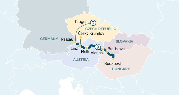 Carte montrant un itinéraire touristique à travers la République tchèque, la Slovaquie, l'Autriche et la Hongrie.