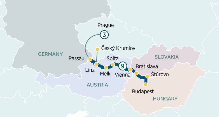 Mapa de ruta turística por Austria, Eslovaquia, Hungría y República Checa conectando Viena, Praga y Budapest