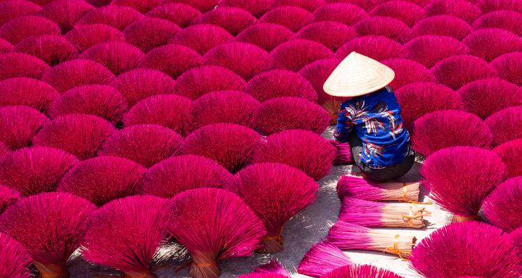 Femme en tenue traditionnelle ramassant des bâtons d'encens rouges.