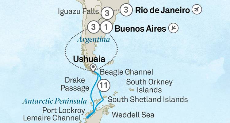 Carte mettant en évidence l'itinéraire de voyage en Amérique du Sud.