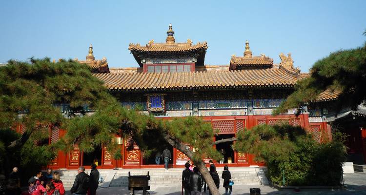 Traditional Chinese architecture surrounded by trees with tourists.