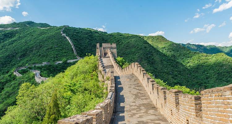 View of the Great Wall of China stretching across verdant hills.