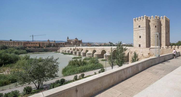 Un puente histórico de piedra sobre un río con una torre.
