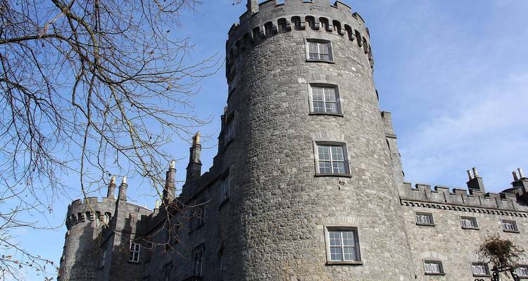 Stone castle with circular towers on a sunny day.
